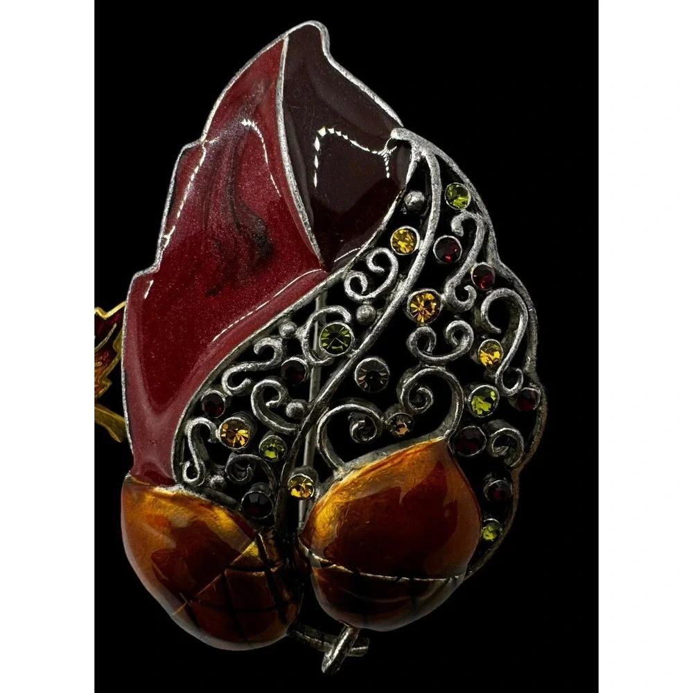 Vintage Double Acorn Leaf Brooch Pin Enamel Autumn Fall Thanksgiving Silver Gold